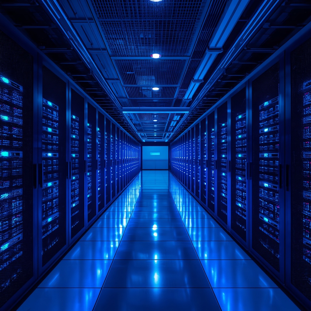 Modern cloud data center interior with rows of blue LED-lit servers and network infrastructure